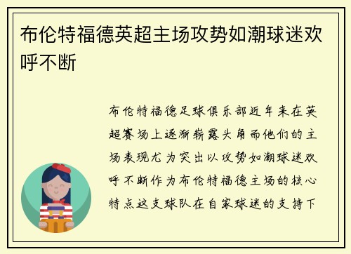 布伦特福德英超主场攻势如潮球迷欢呼不断 布伦特福德英超主场攻势如潮球迷欢呼不断